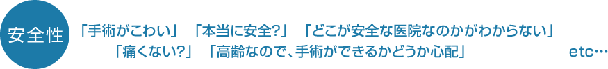 「手術がこわい」 「本当に安全?」 「どこが安全な医院なのかがわからない」「痛くない?」 「高齢なので、手術ができるかどうか心配」